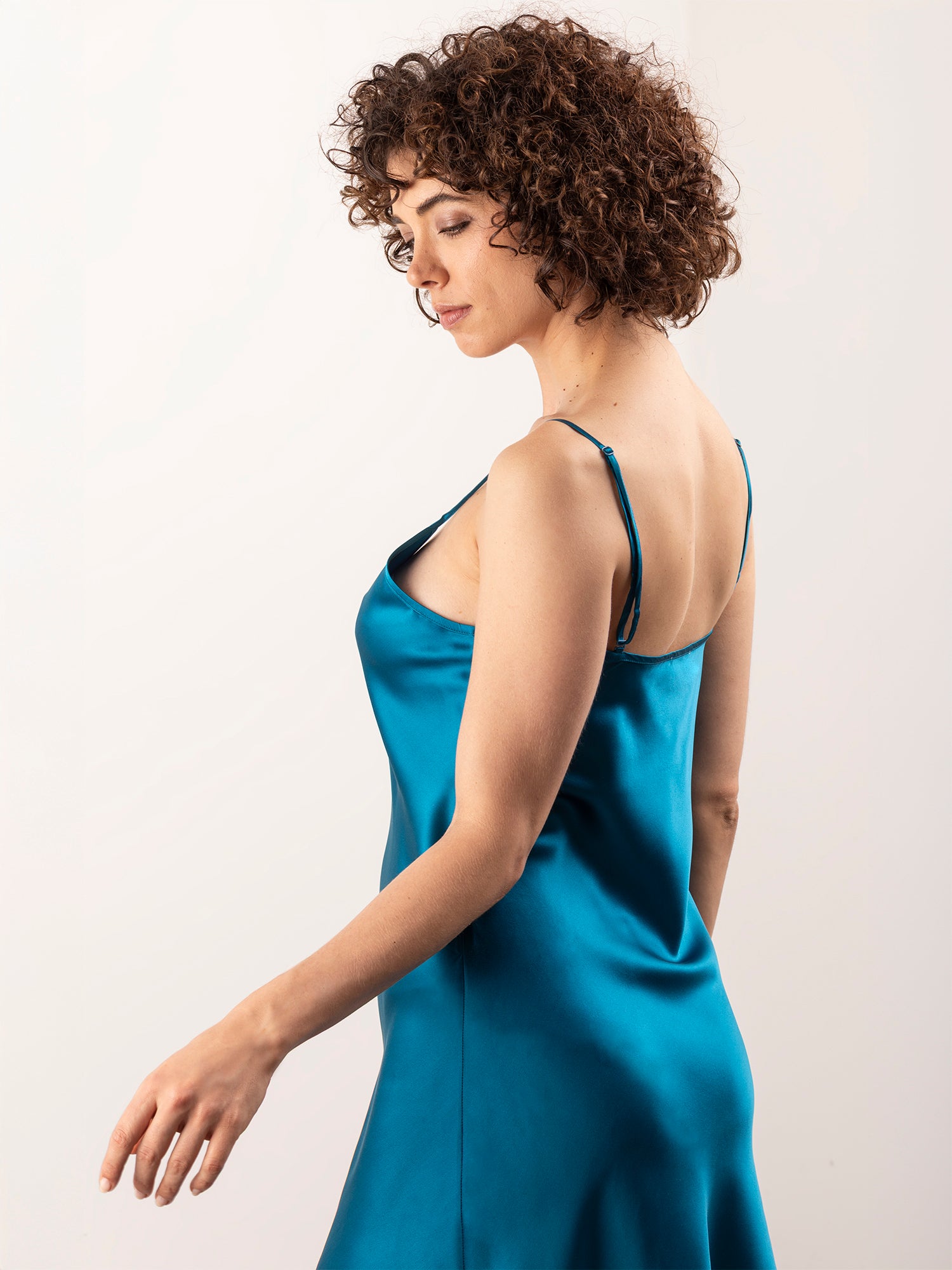 Abito Sottoveste Lungo in Seta con Spalline Incrociabili - Petrolio