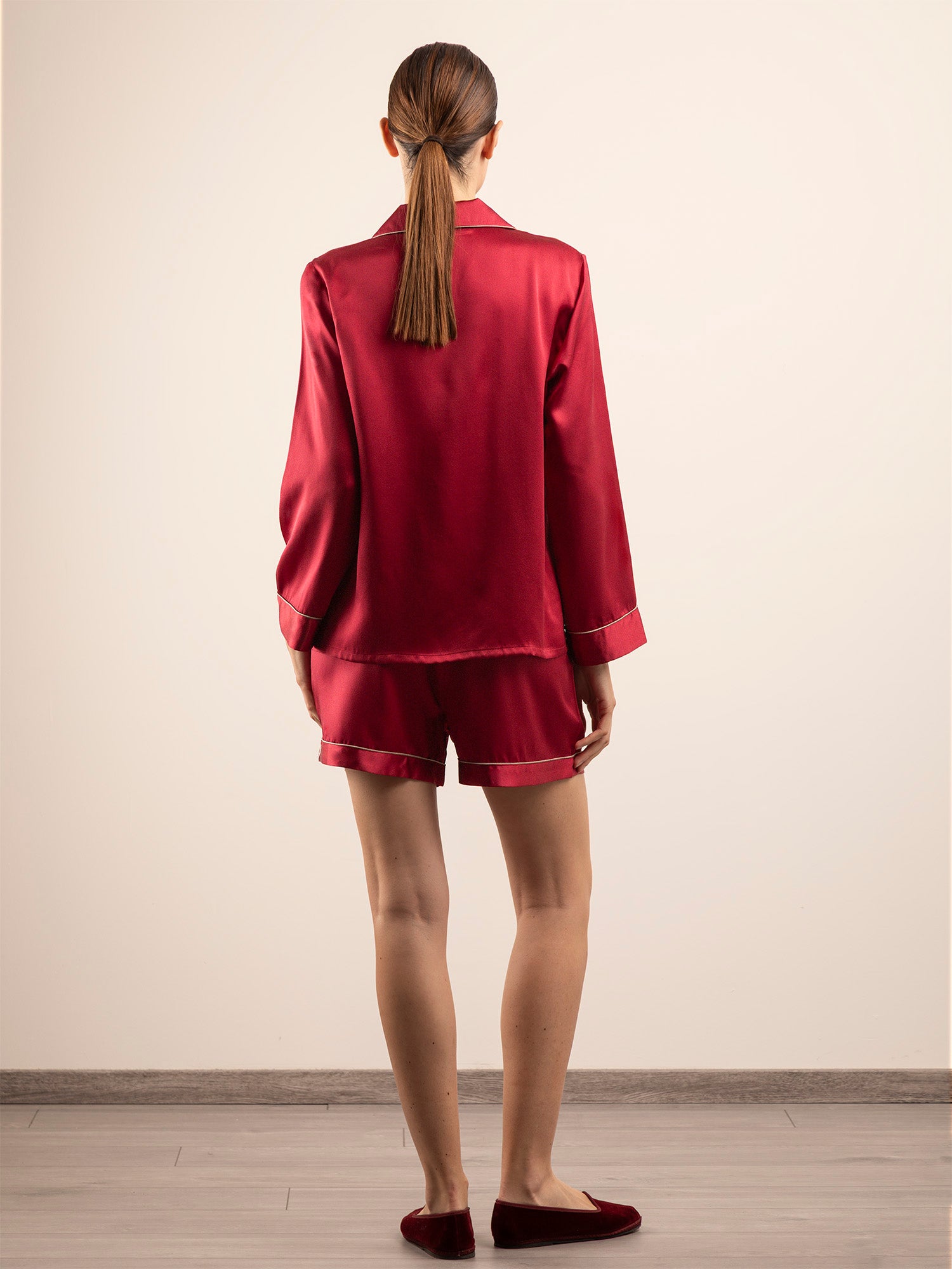 Camicia a Manica Lunga in Seta con Ricamo e Profili Colore - Rosso Bordeaux