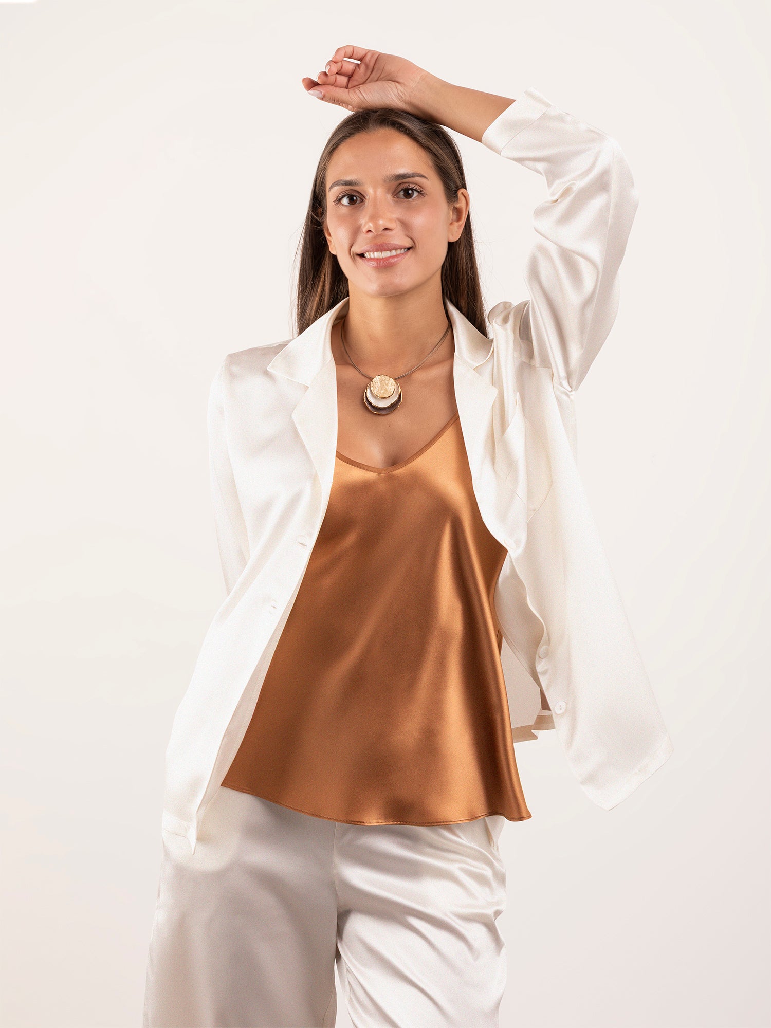 Camicia in Seta a Manica Lunga con Collo Revers - Bianco Naturale