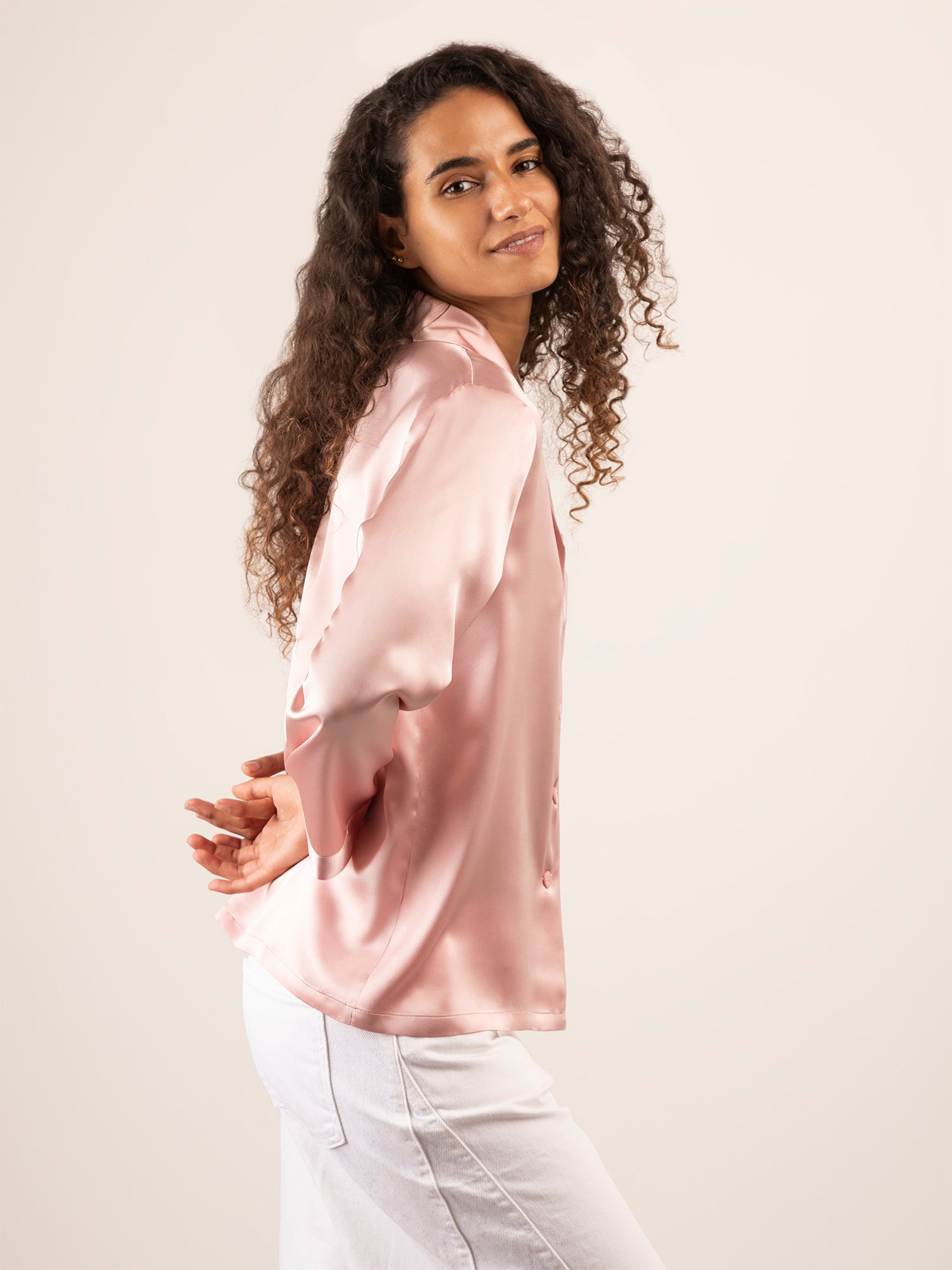 Camicia in Seta a Manica Lunga con Collo Revers - Rosa Cipria