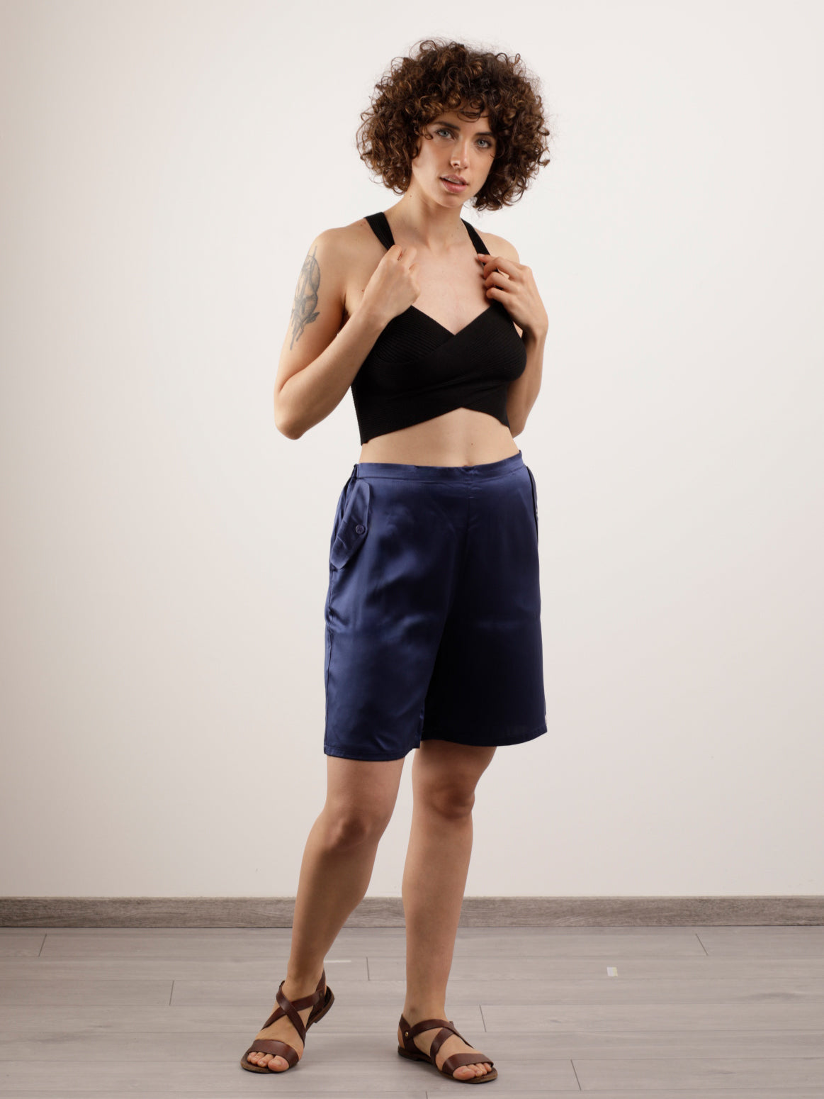 Pantalone Bermuda in Seta con Tasche - Blu Notte