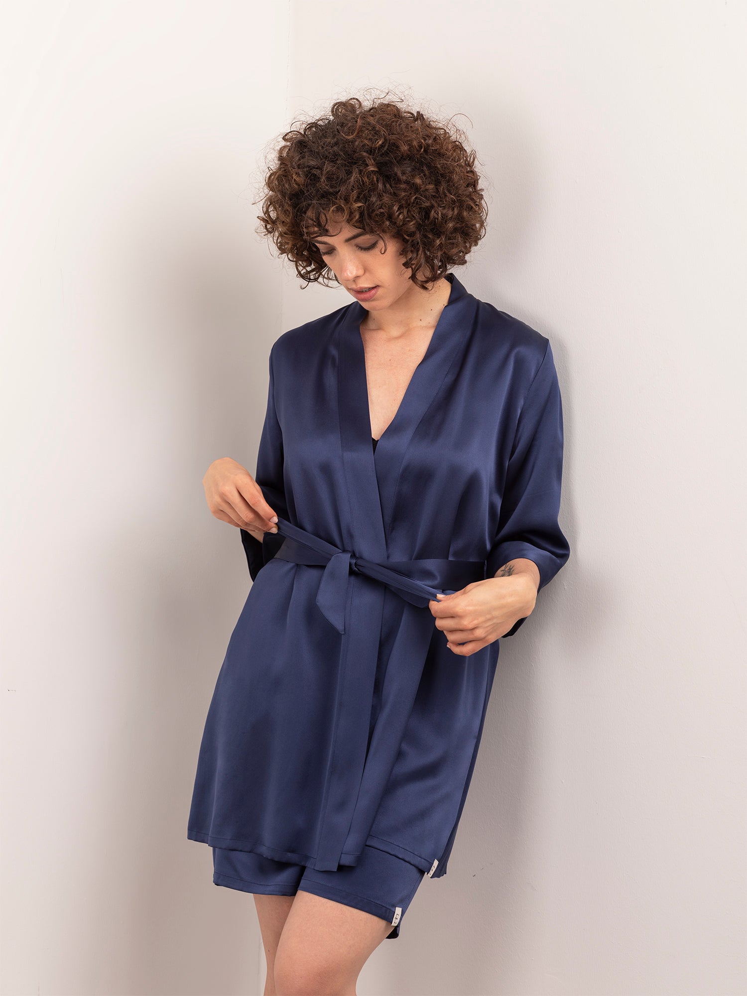 Kimono Corto in Seta con Cintura - Blu Notte