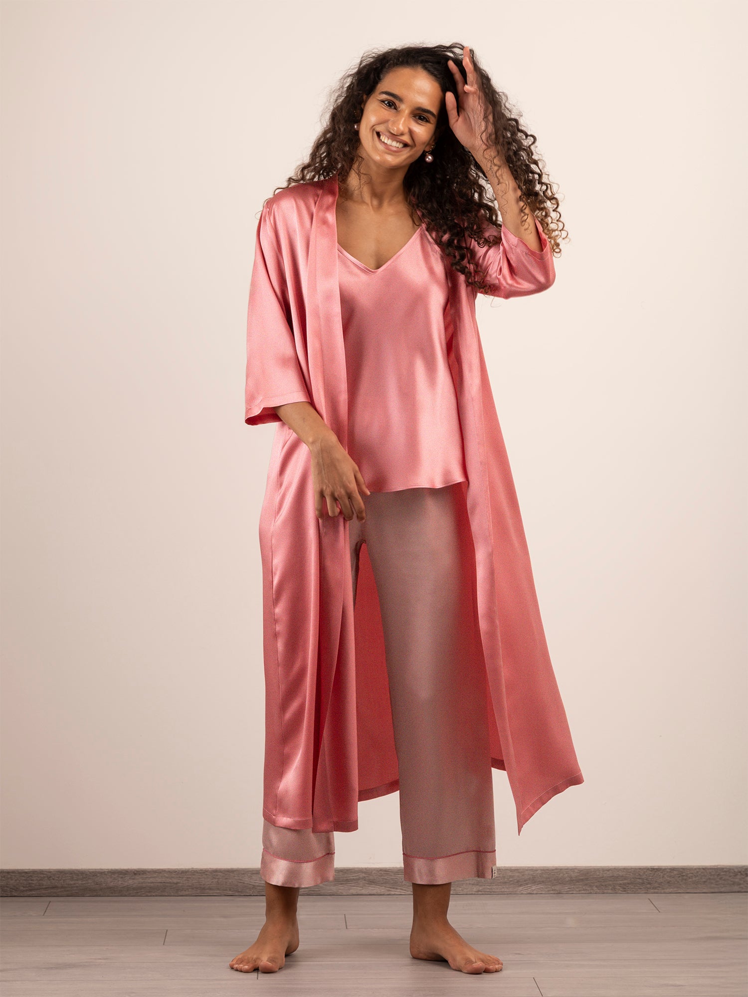 Kimono Lungo in Seta con Cintura - Rosa Antico