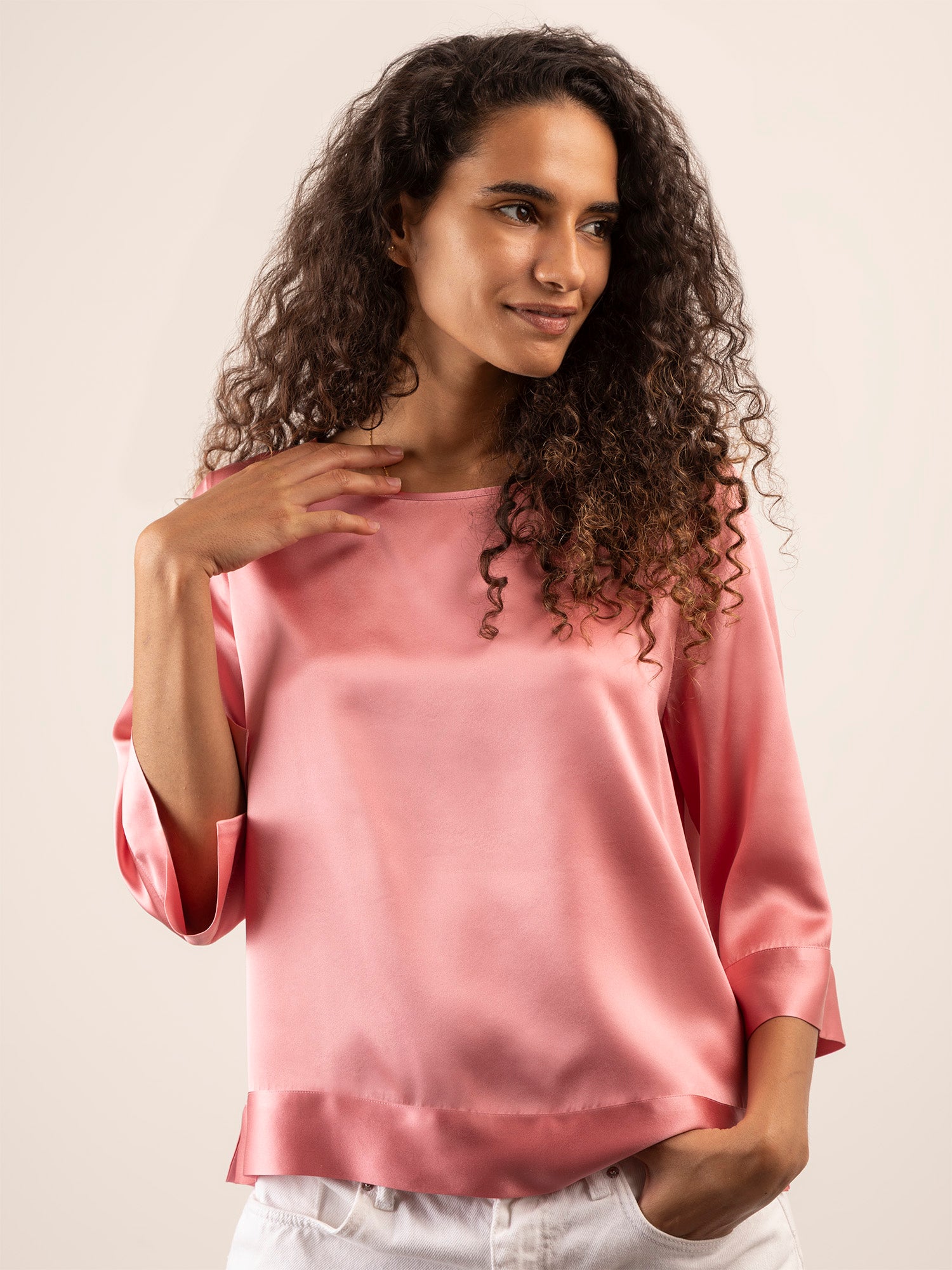 T-shirt Morbida in Seta con Bande - Rosa Antico