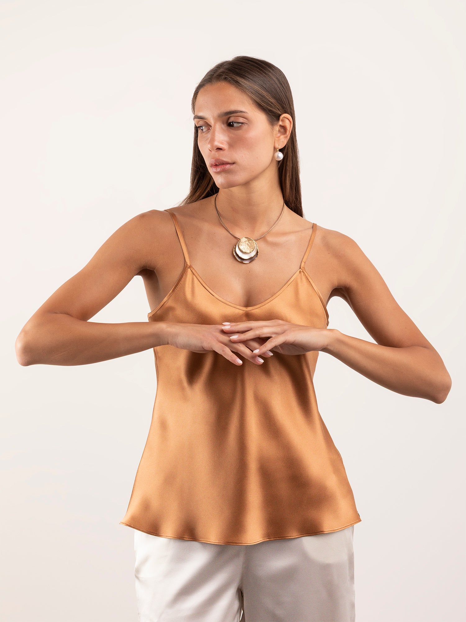 Top in Seta con Spalline Incrociabili - Caramello