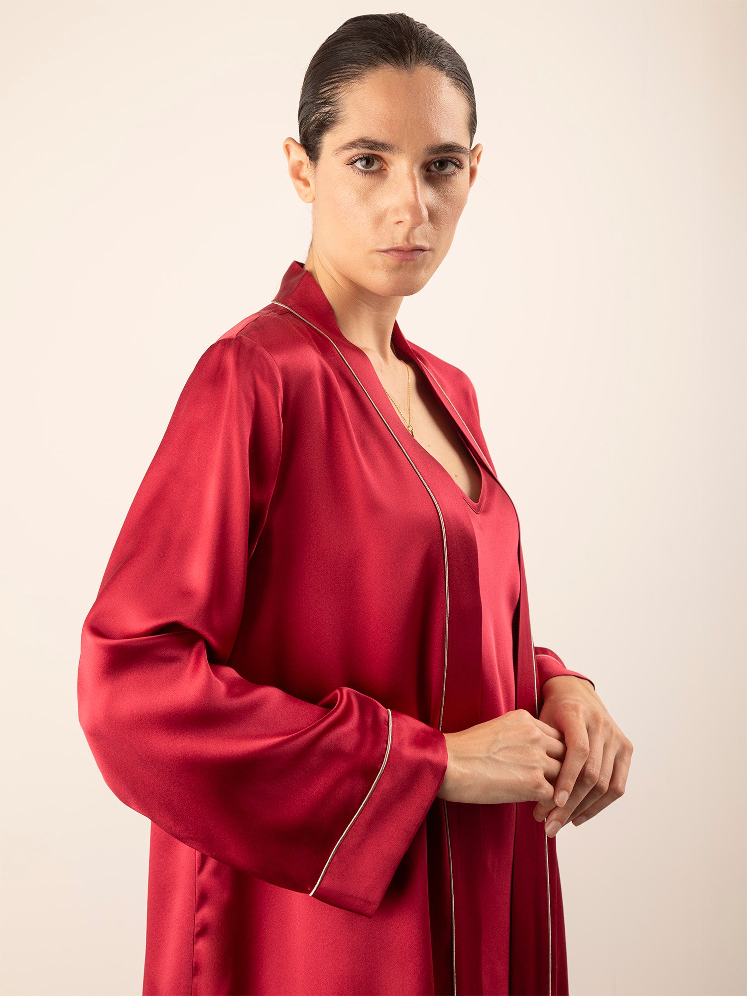 Vestaglia Corta in Seta con Profili Colore - Rosso Bordeaux