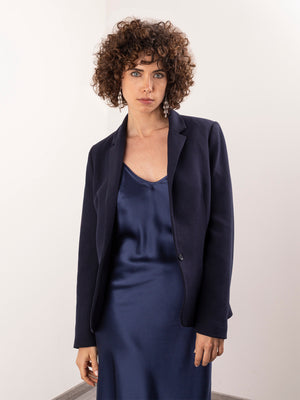 Abito Sottoveste Lungo in Seta con Spalline Incrociabili - Blu Notte