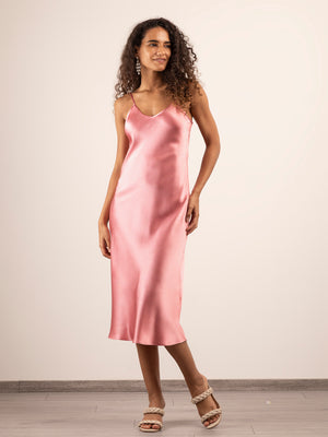 Abito Sottoveste Lungo in Seta con Spalline Incrociabili - Rosa Antico