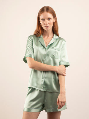 Camicia a Manica Corta in Seta con Ricamo e Profili Colore - Verde Giada