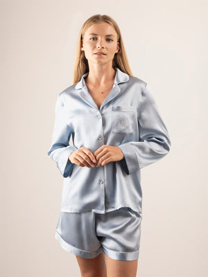 Camicia a Manica Lunga in Seta con Ricamo e Profili Colore - Azzurro Polvere