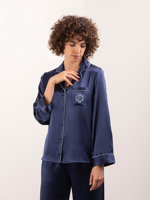 Camicia a Manica Lunga in Seta con Ricamo e Profili Colore - Blu Notte