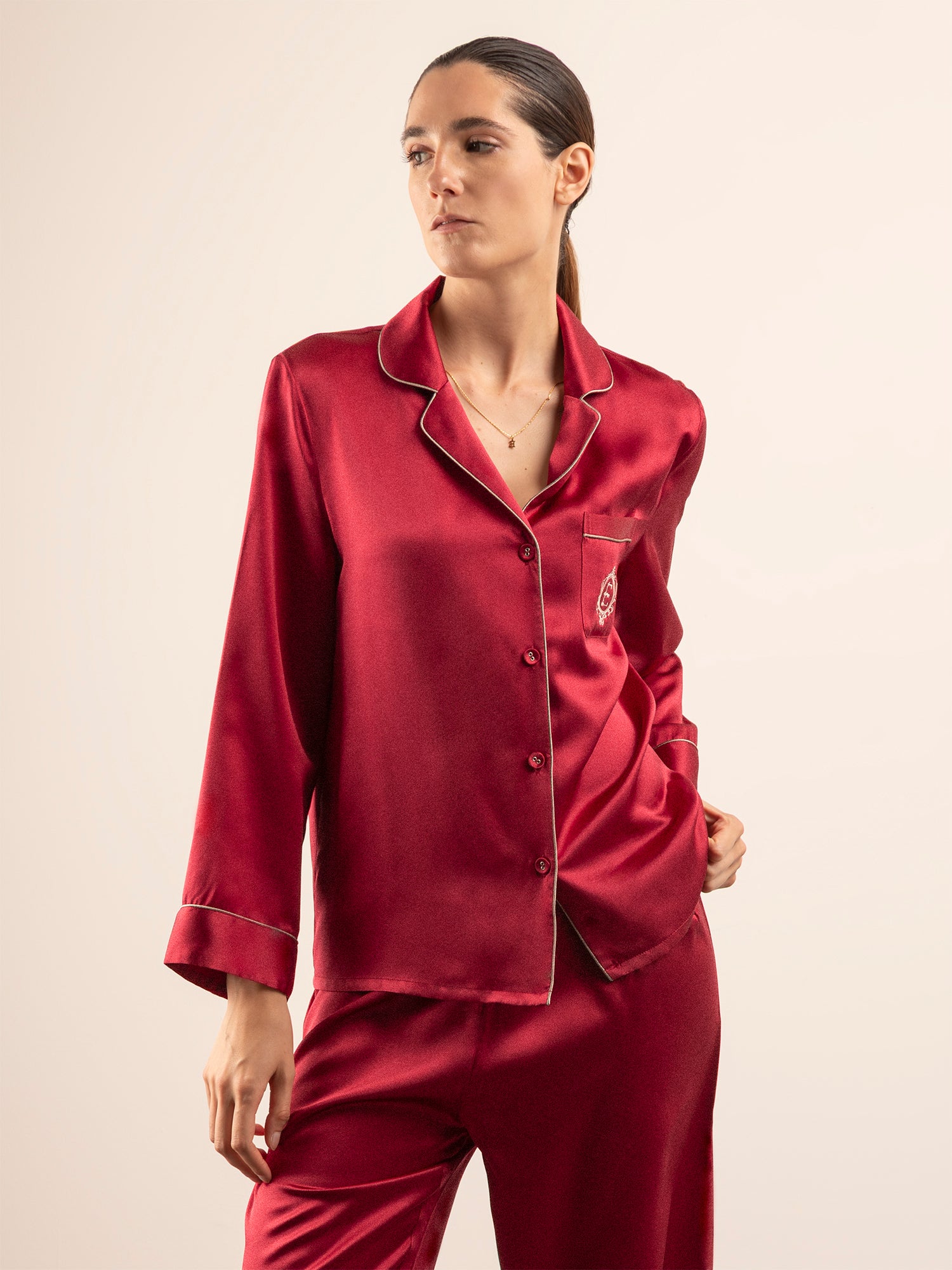 Camicia a Manica Lunga in Seta con Ricamo e Profili Colore - Rosso Bordeaux