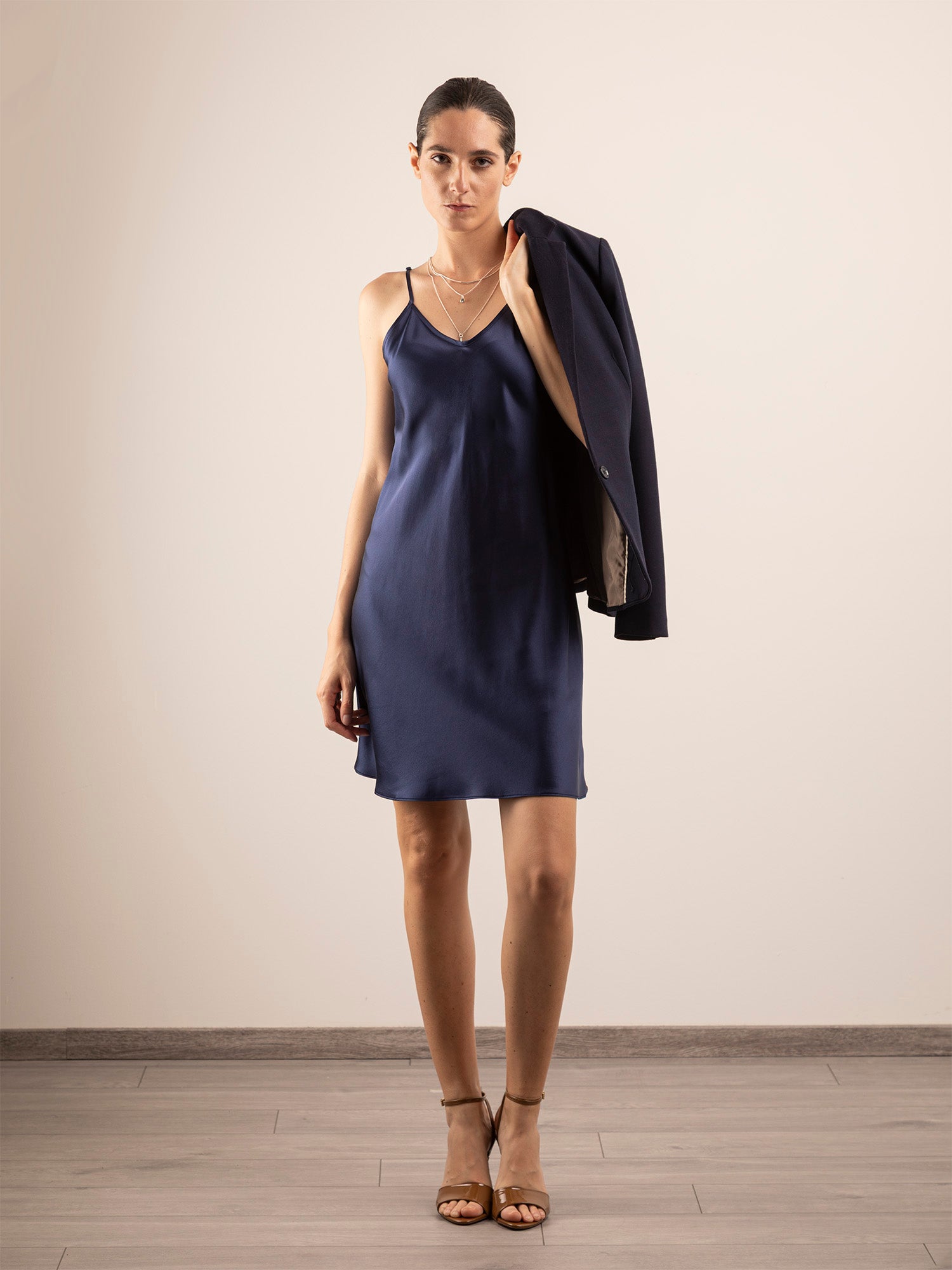 Abito Sottoveste Corto in Seta con Spalline Incrociabili - Blu Notte