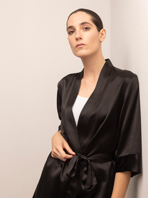 Kimono Corto in Seta con Cintura - Nero Onice