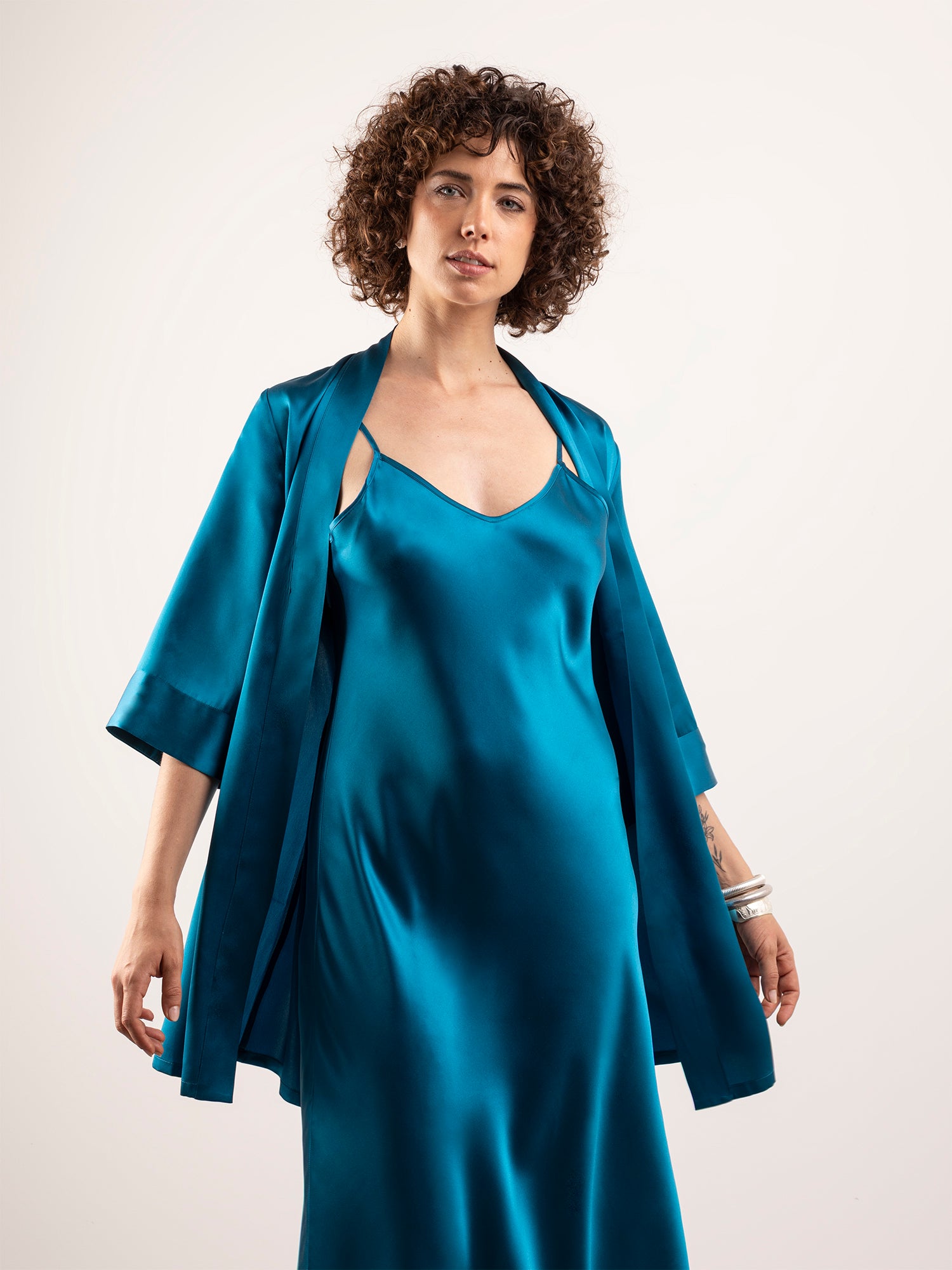 Kimono Corto in Seta con Cintura - Petrolio