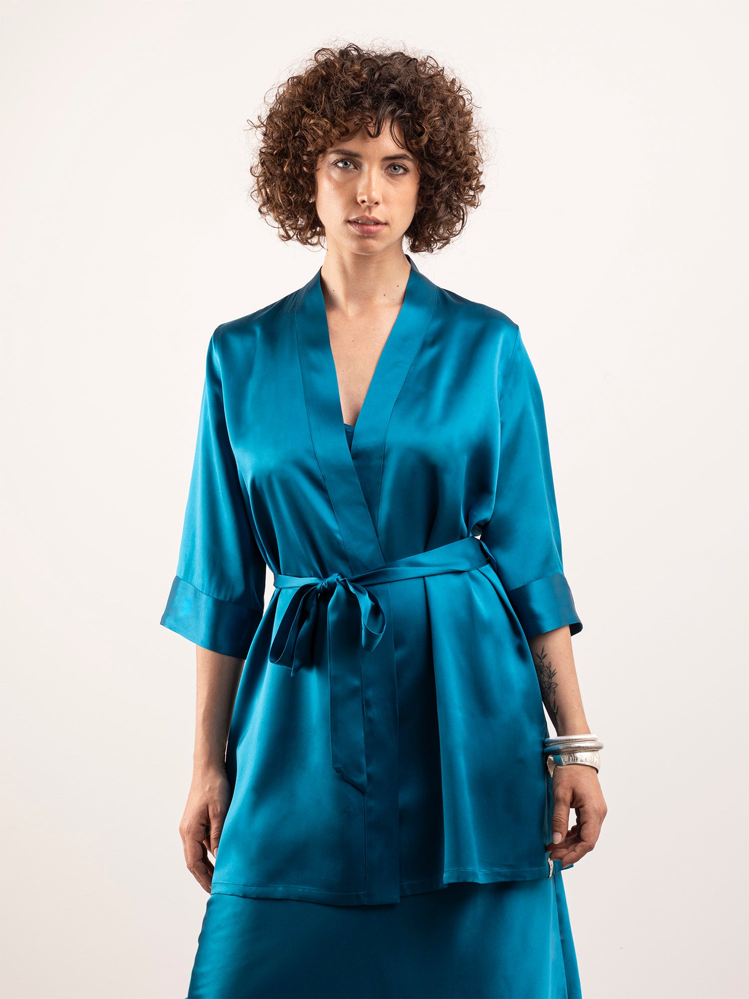 Kimono Corto in Seta con Cintura - Petrolio