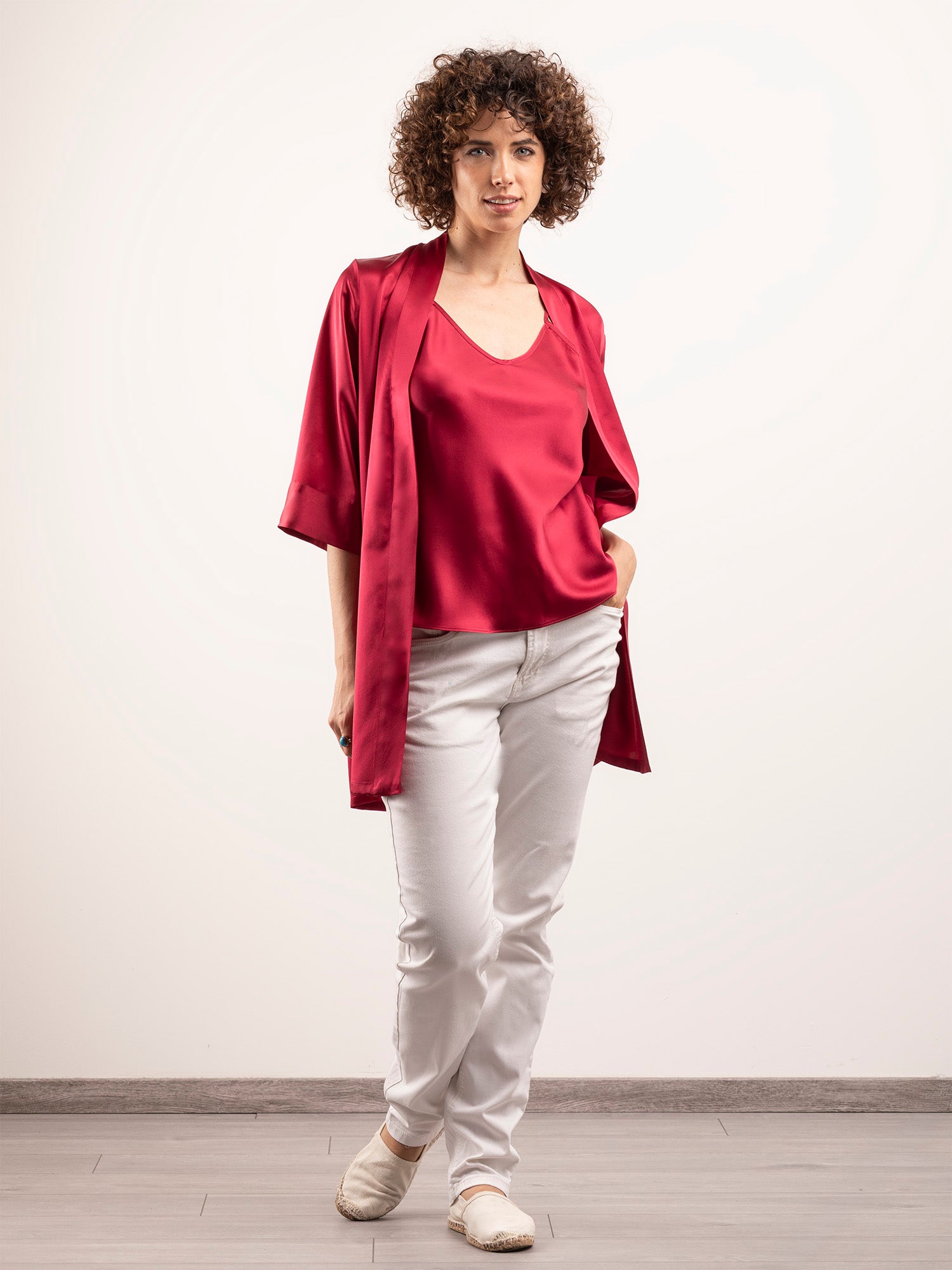 Kimono Corto in Seta con Cintura - Rosso Bordeaux