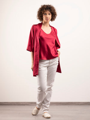 Kimono Corto in Seta con Cintura - Rosso Bordeaux