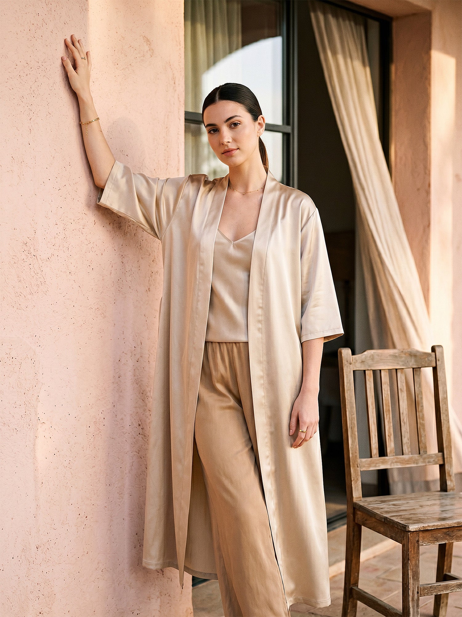 Kimono Lungo in Seta con Cintura - Champagne