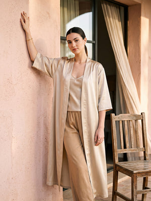Kimono Lungo in Seta con Cintura - Champagne