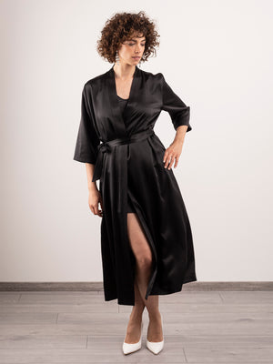 Kimono Lungo in Seta con Cintura - Nero Onice