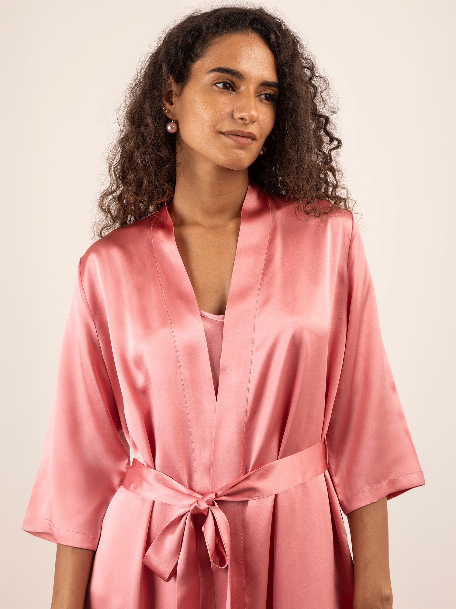 Kimono Lungo in Seta con Cintura - Rosa Antico