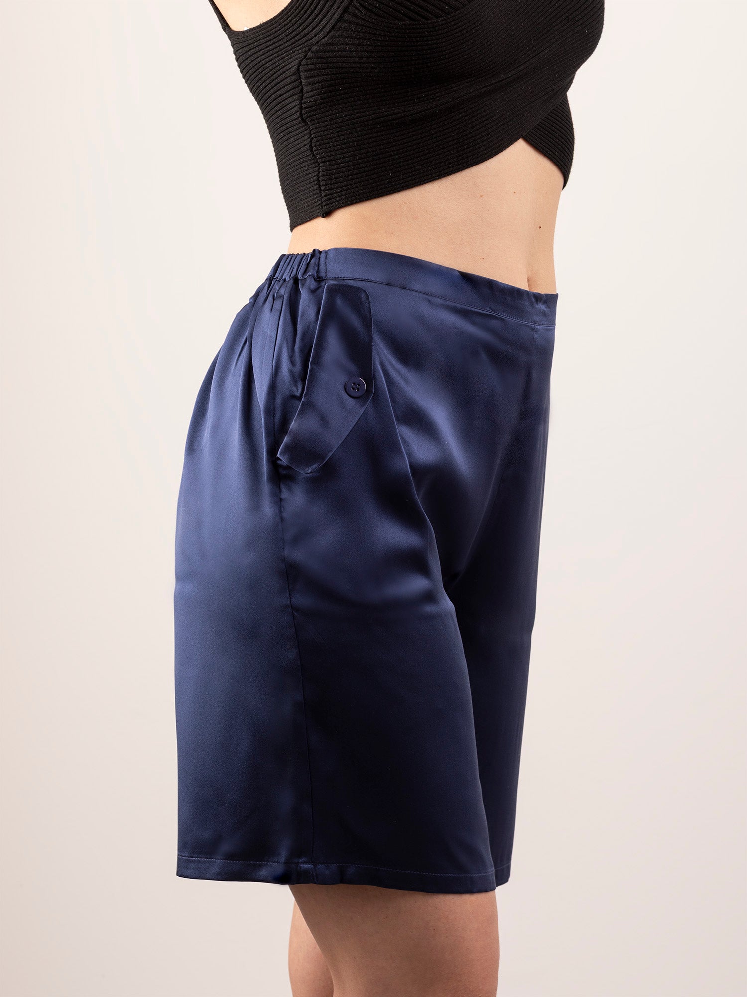 Pantalone Bermuda in Seta con Tasche - Blu Notte