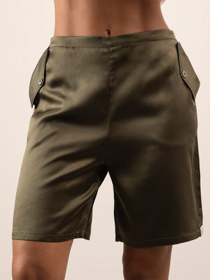 Pantalone Bermuda in Seta con Tasche - Verde Oliva