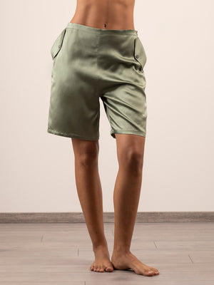 Pantalone Bermuda in Seta con Tasche - Verde Safari