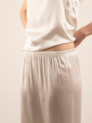 Pantalone Lungo in Seta con Profili Colore - Bianco Naturale