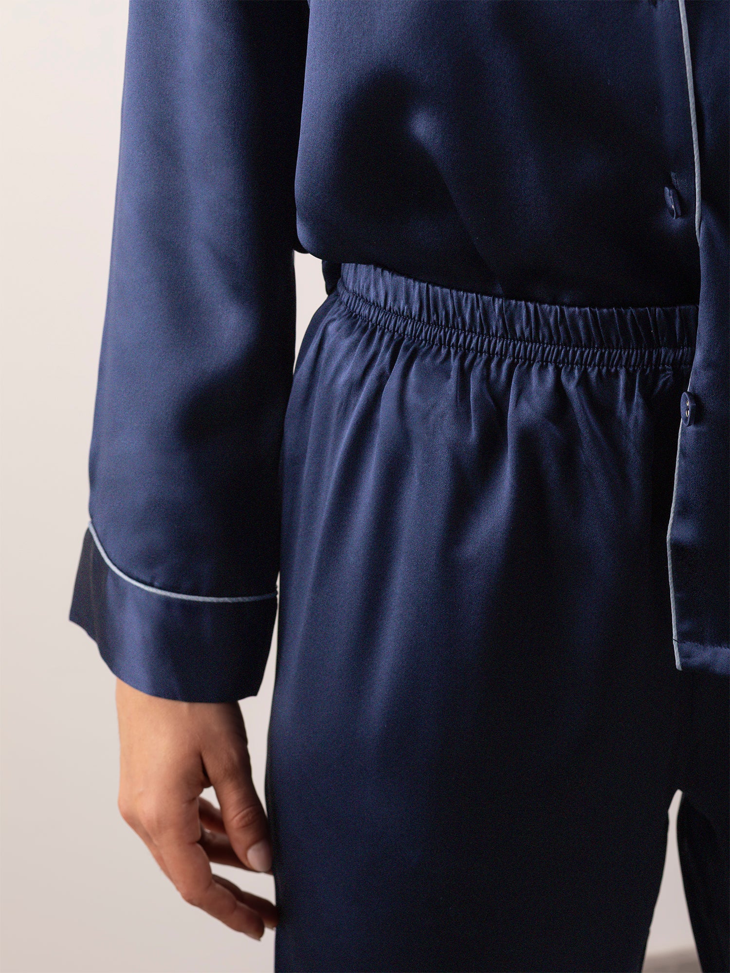 Pantalone Lungo in Seta con Profili Colore - Blu Notte