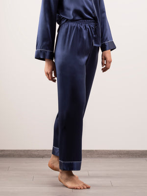 Pantalone Lungo in Seta con Profili Colore - Blu Notte