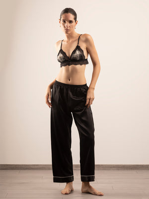 Pantalone Lungo in Seta con Profili Colore - Nero Onice