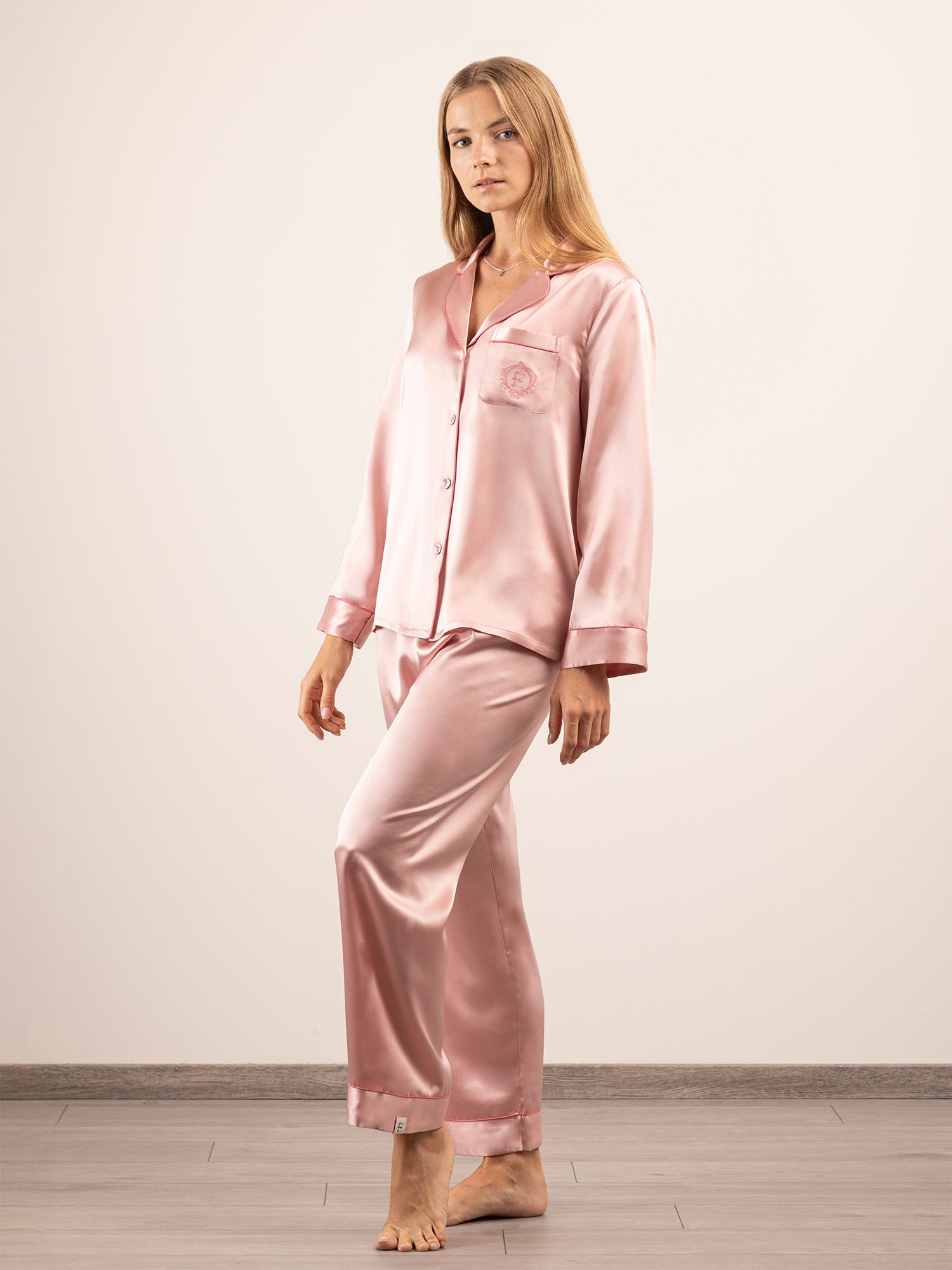 Pantalone Lungo in Seta con Profili Colore - Rosa Cipria