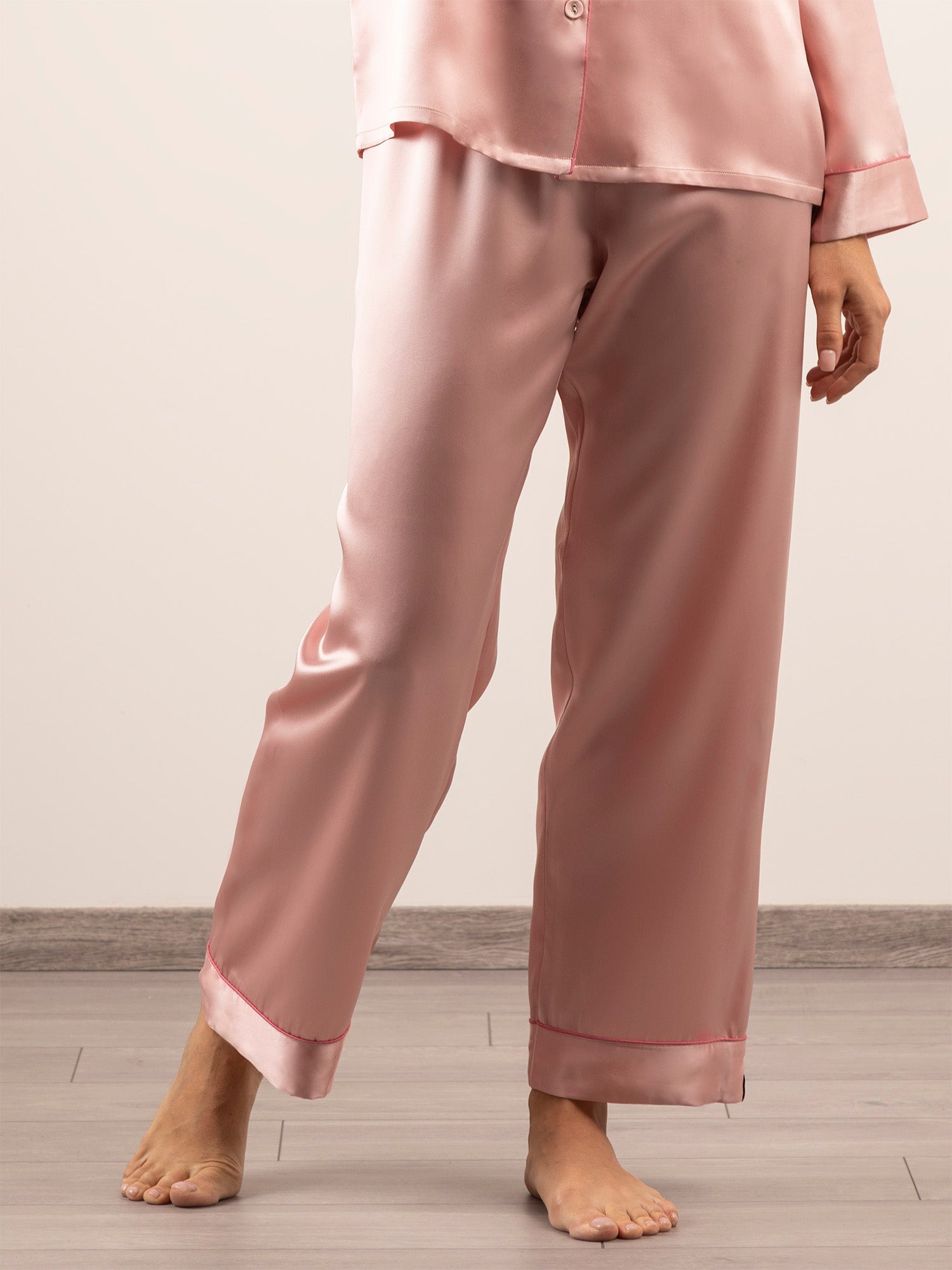 Pantalone Lungo in Seta con Profili Colore - Rosa Cipria