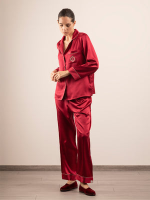 Pantalone Lungo in Seta con Profili Colore - Rosso Bordeaux