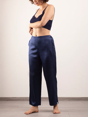Pantalone Lungo in Seta con Tasche - Blu Notte