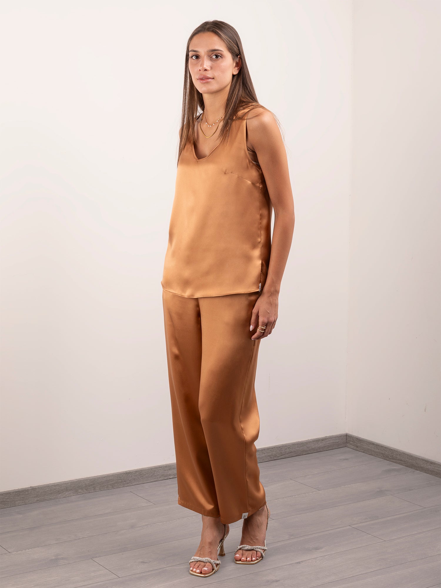 Pantalone Lungo in Seta con Tasche - Caramello