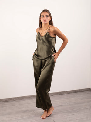 Pantalone Lungo in Seta con Tasche - Verde Oliva