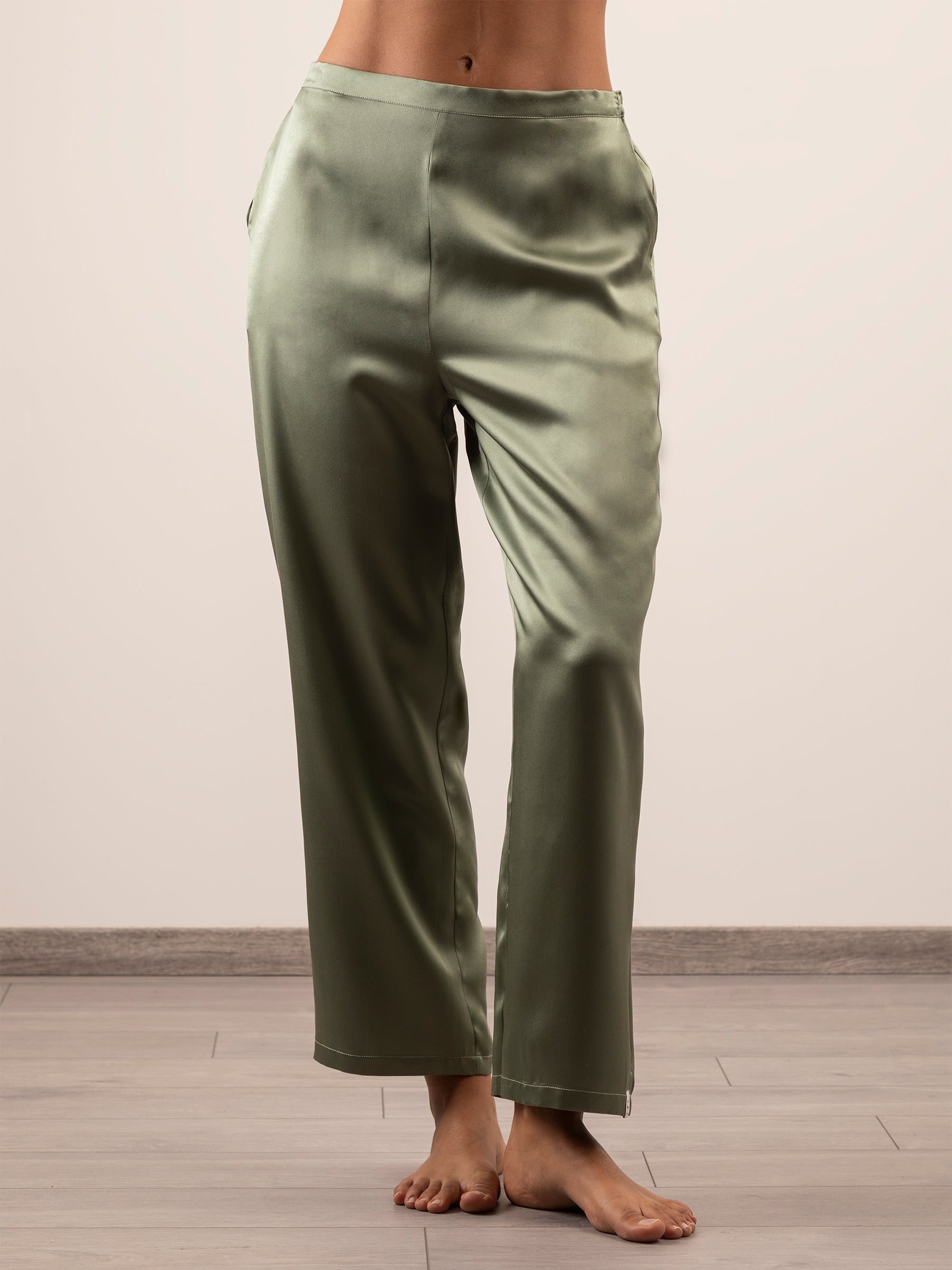 Pantalone Lungo in Seta con Tasche - Verde Safari