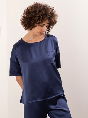 T-shirt Morbida in Seta con Taschino - Blu Notte