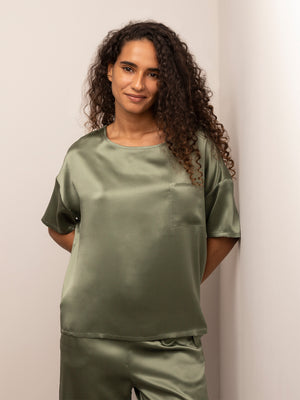 T-shirt Morbida in Seta con Taschino - Verde Safari