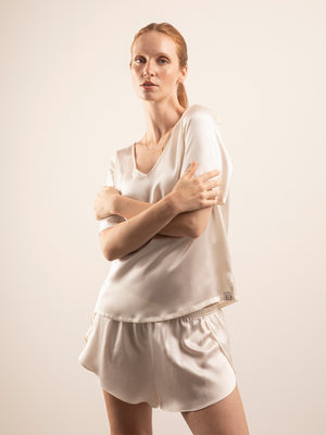 T-shirt in Seta con Scollo a V - Bianco Naturale