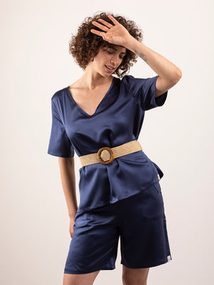 T-shirt in Seta con Scollo a V - Blu Notte