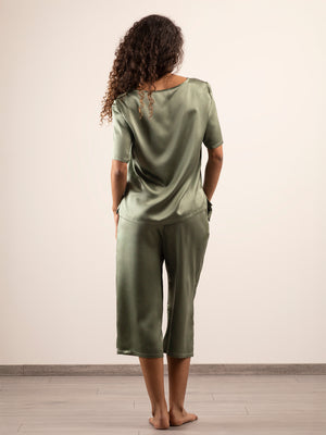 T-shirt in Seta con Scollo a V - Verde Safari